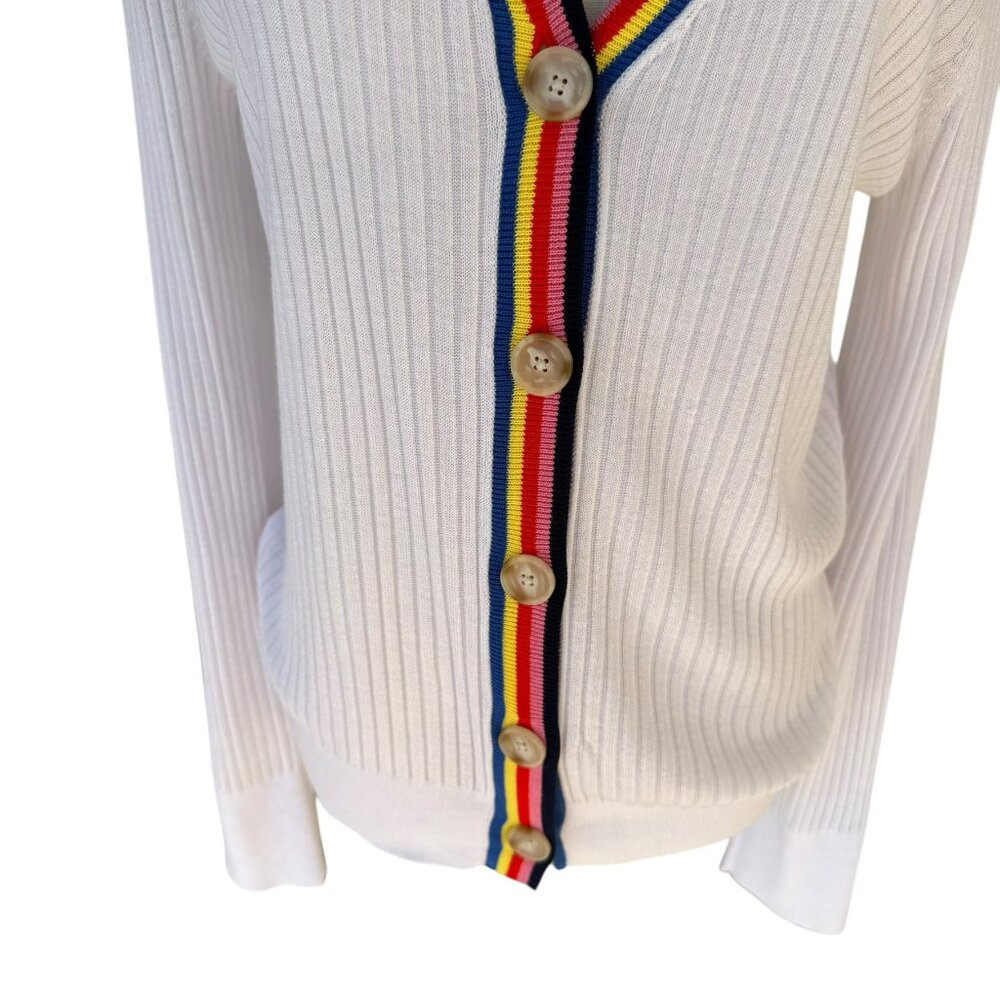 LOFT White Ribbed Button Front Cardigan Sweater with Rainbow Trim – Size L - Picture 4 of 8